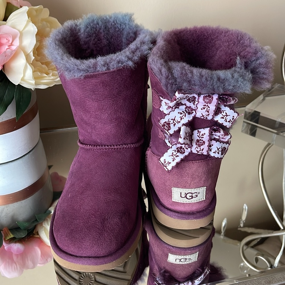 UGG boots Bailey Bow II purple eggplant purple and white striped lace bow tie